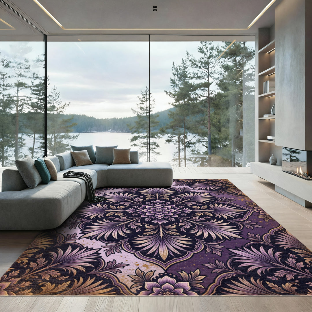 Elegant Purple Golden Floral Ornament Rug