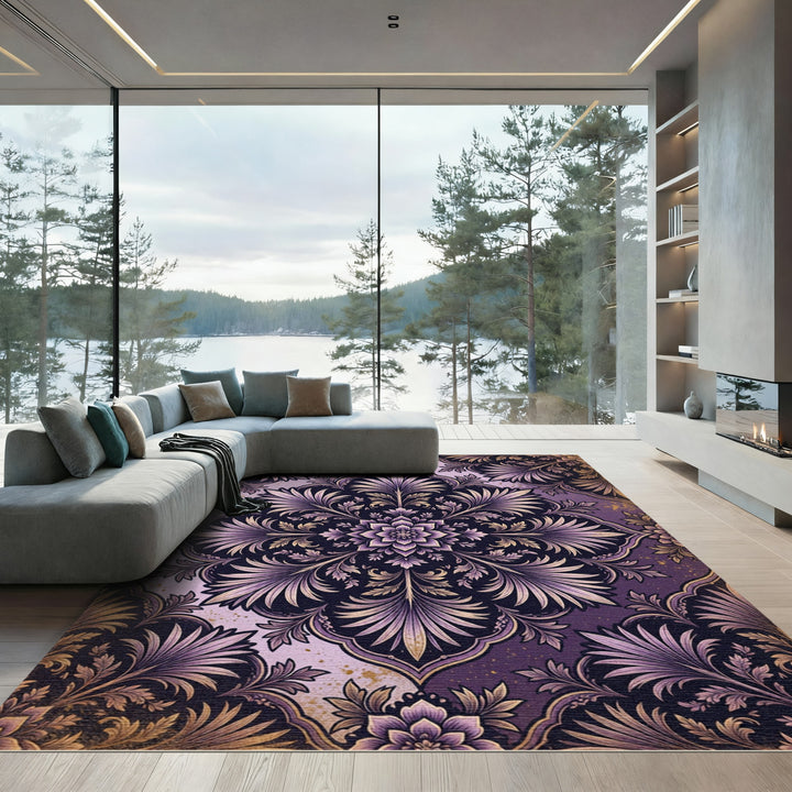Elegant Purple Golden Floral Ornament Rug