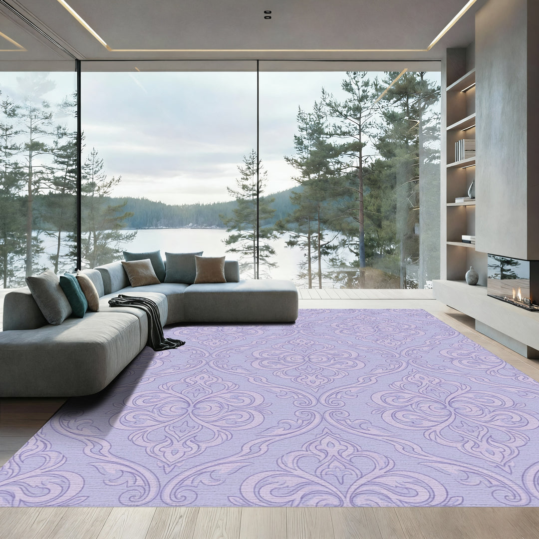 Lavender Lilac Damask Scroll Rug