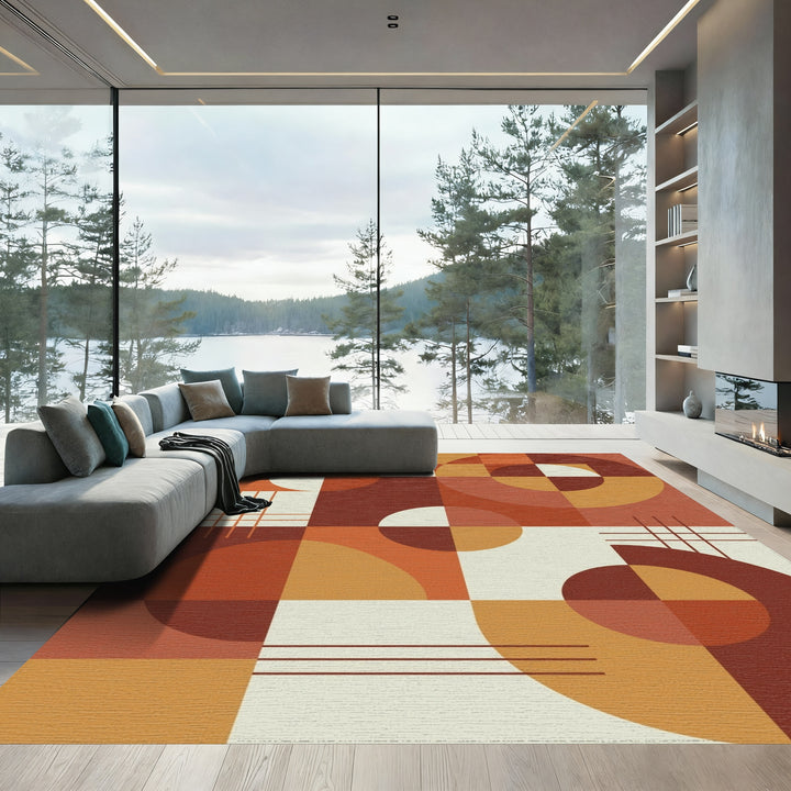 Warm Earthy Geometric Circles Squares Rug