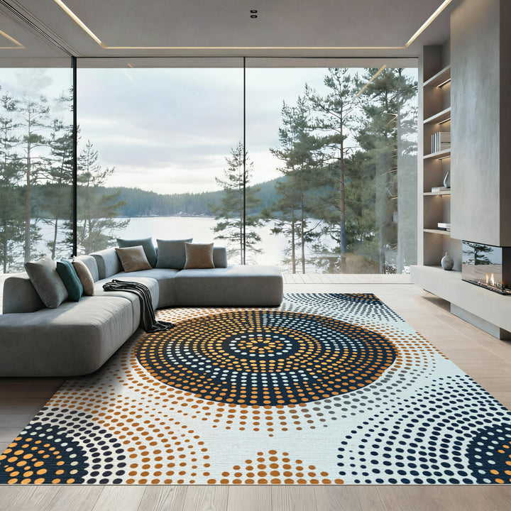 Golden Orange Dark Blue Halftone Circles Rug