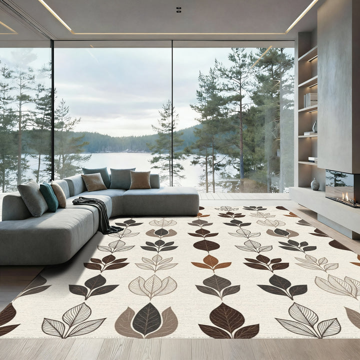 Brown Earth Toned Leaf Arrangement Rug