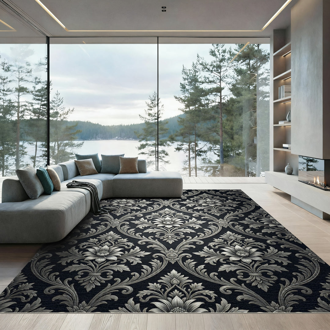 Elegant Silver Floral Damask Rug