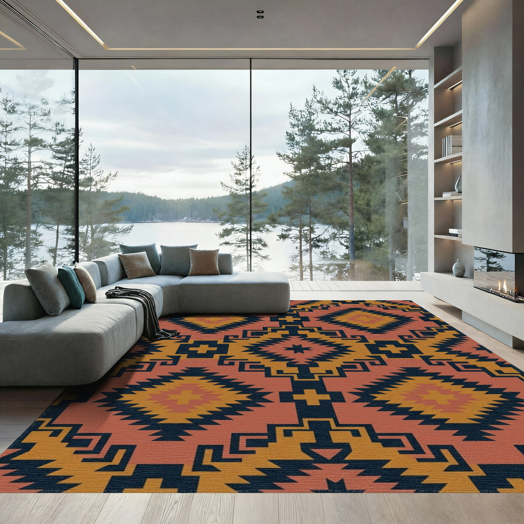 Terracotta Dark Blue Sun Geometric Rug