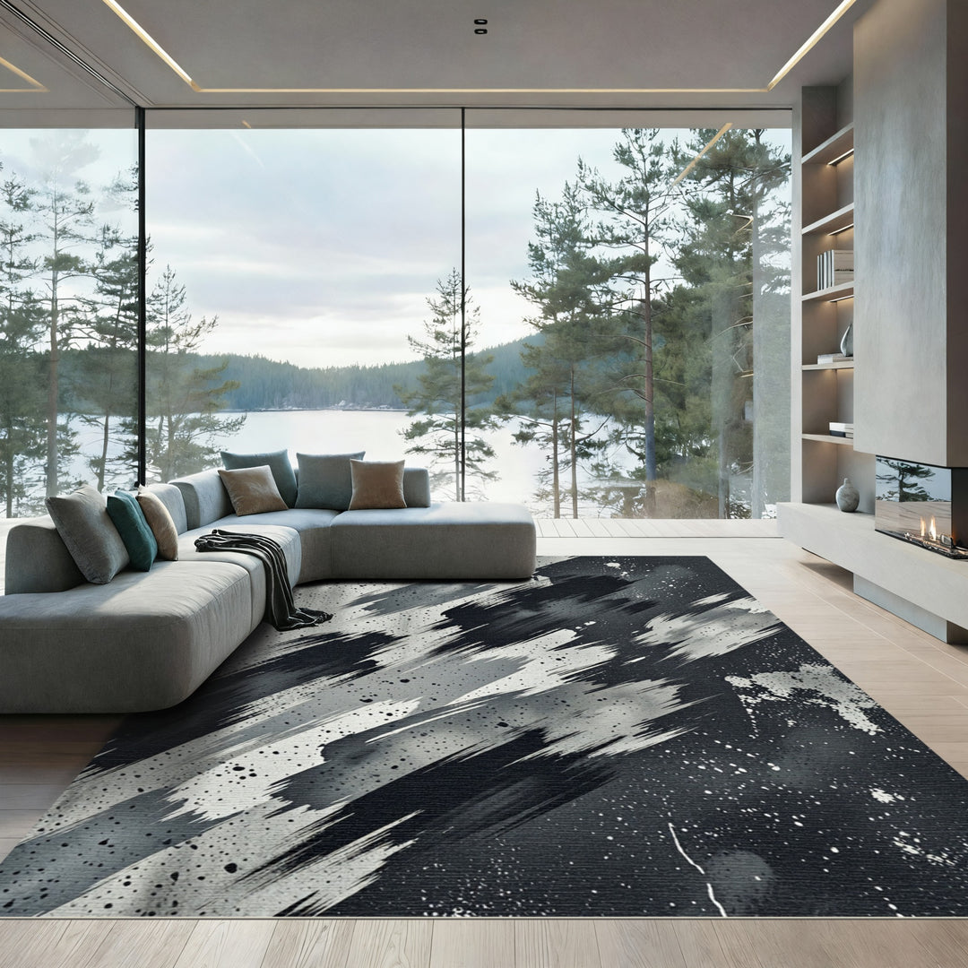 Bold Black White Abstract Brushstrokes Rug