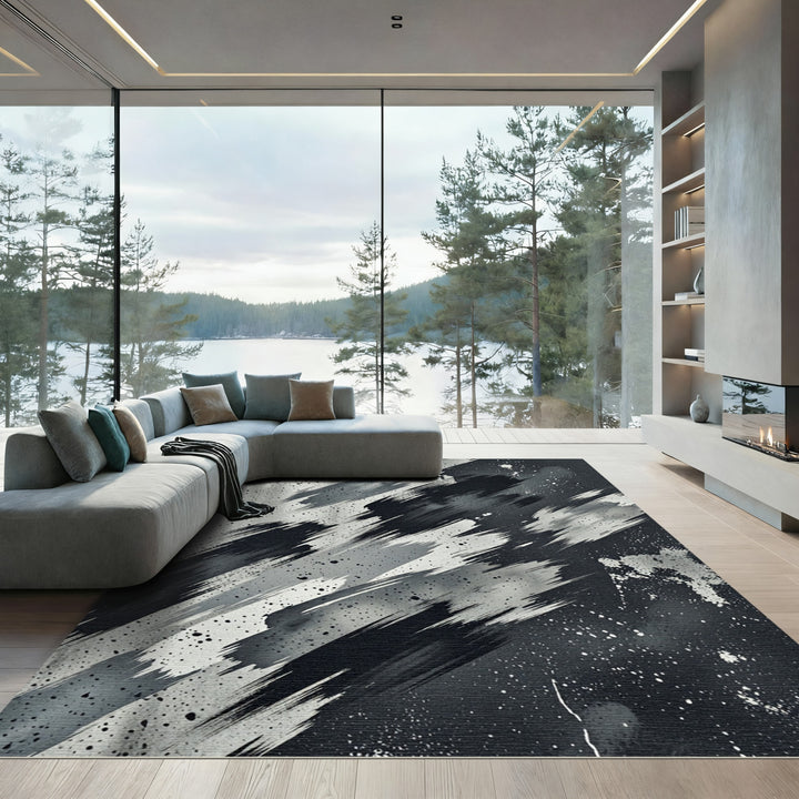 Bold Black White Abstract Brushstrokes Rug
