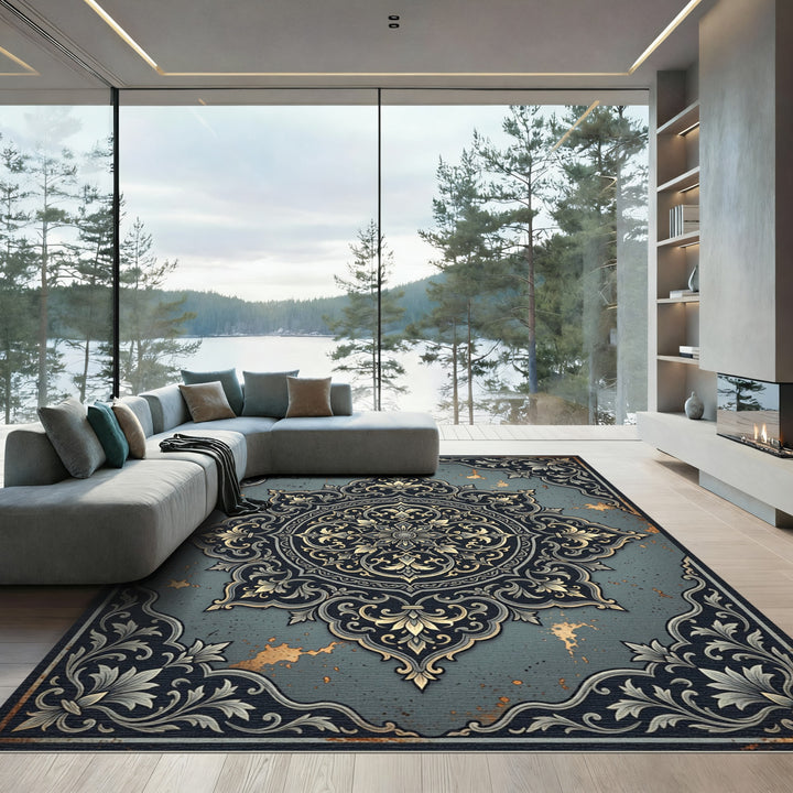 Ornate Navy Golden Floral Medallion Rug