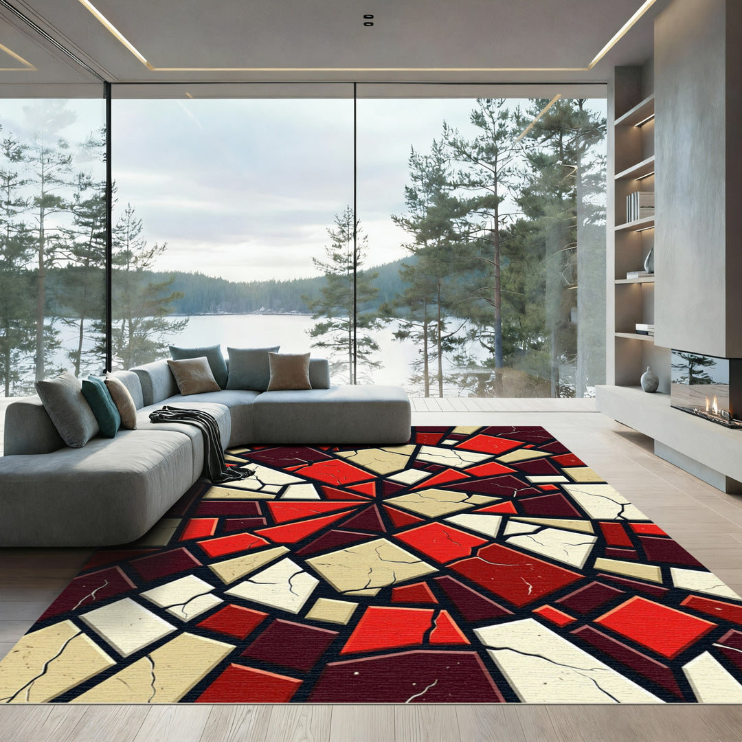 Abstract Cracked Red Geometric Tile Rug