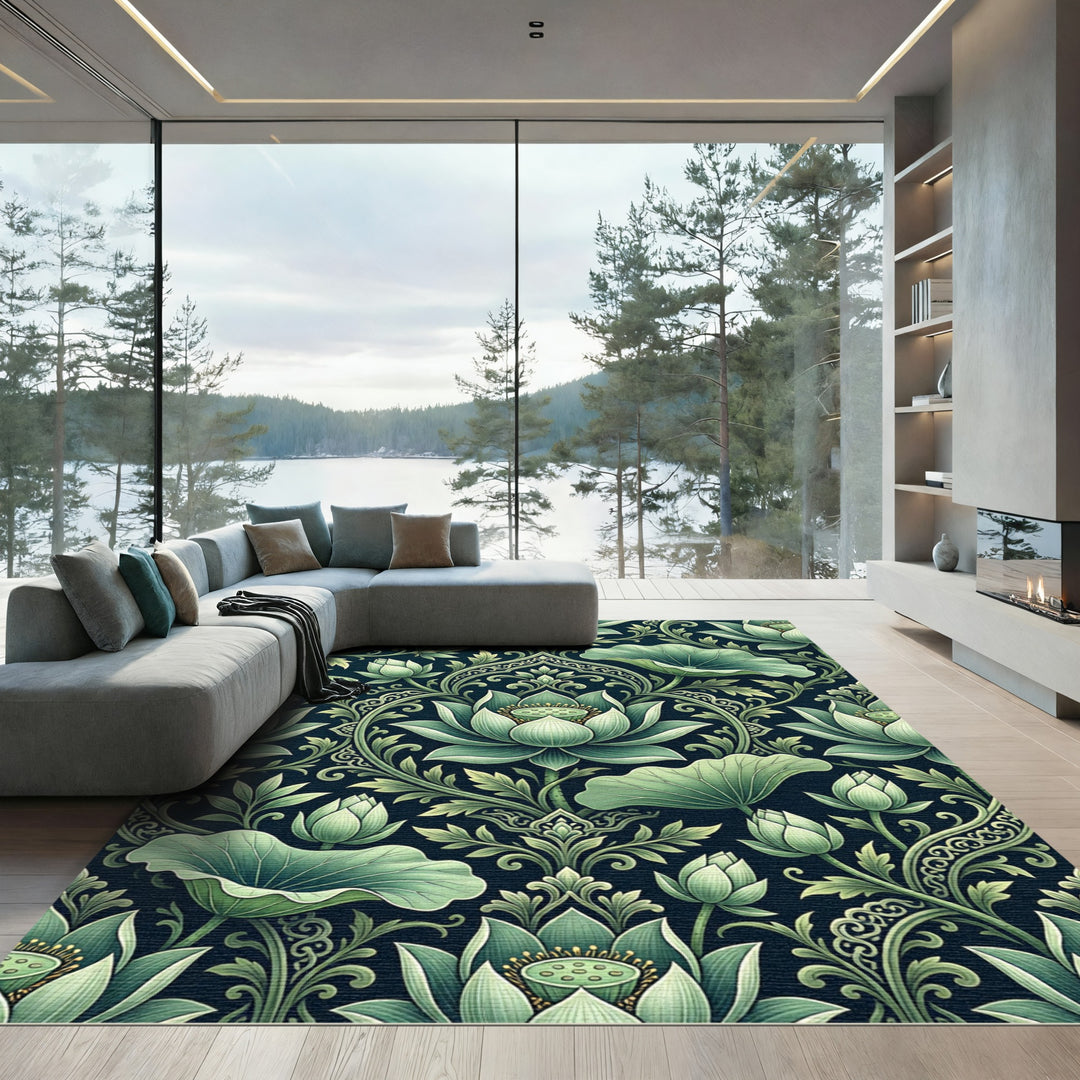 Jade Lotus Bloom Floral Composition Rug