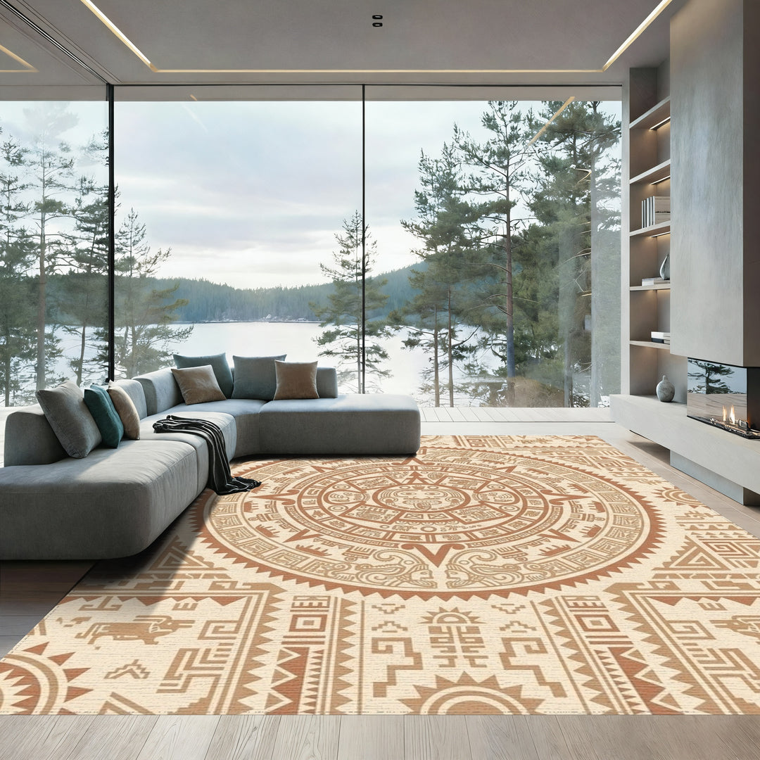 Ancient Sun Calendar Brown Geometric Rug