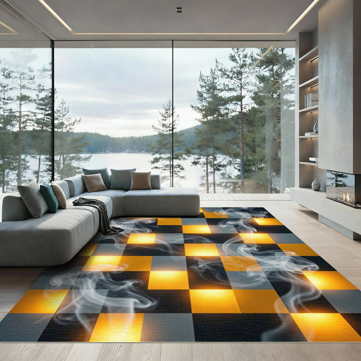 Abstract Smoke Squares Yellow Gray Rug