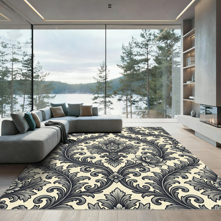 Classic Gray Floral Damask Relief Rug