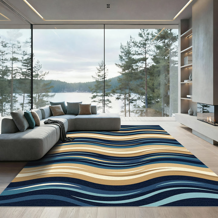 Deep Blue Golden Swirl Wave Rug