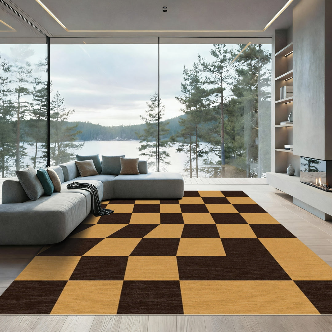 Warped Checkerboard Amber Black Rug