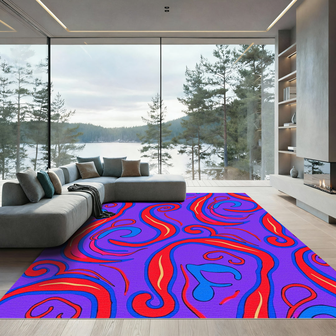 Vibrant Red Blue Swirls Rug