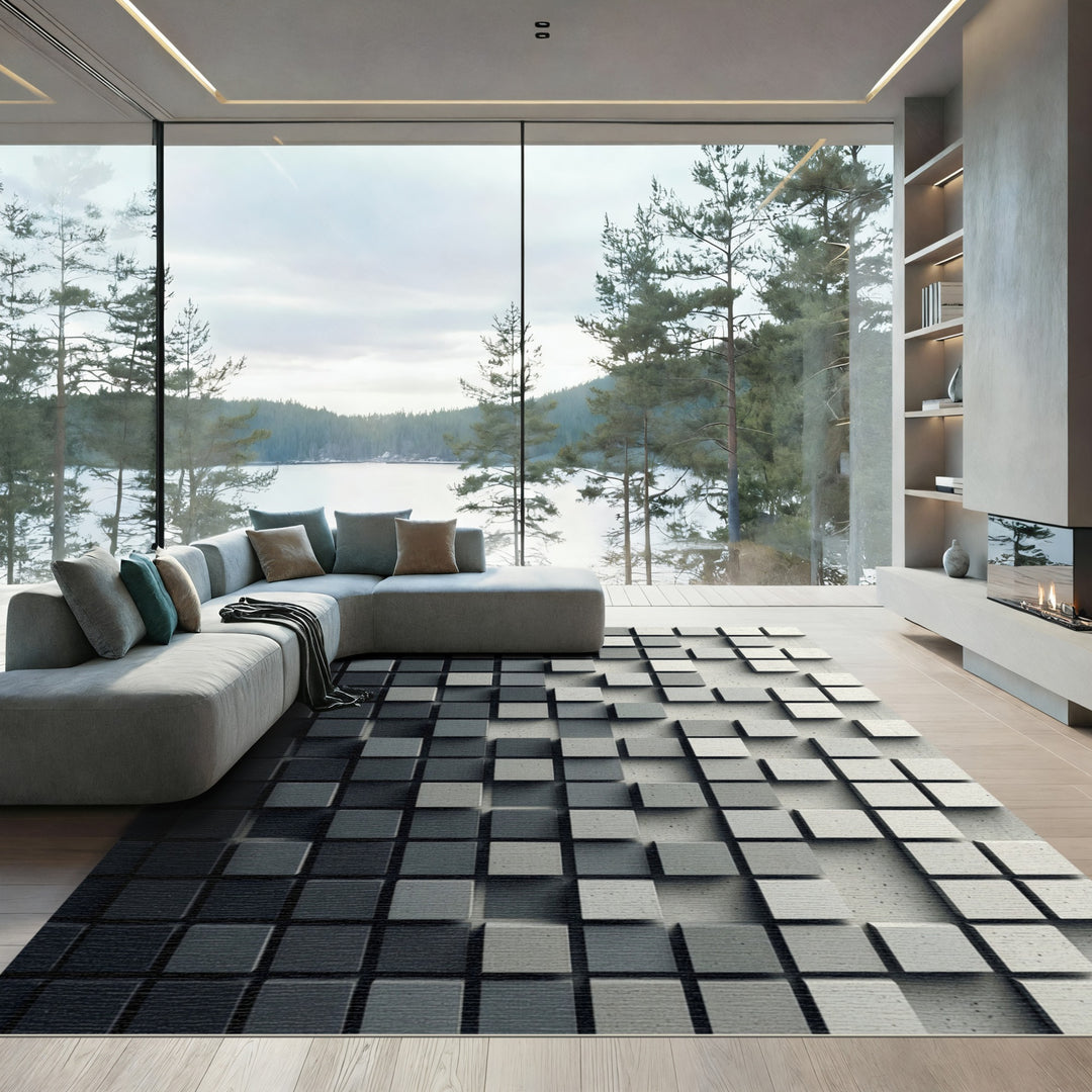 Modern Gray Concrete Cube Rug
