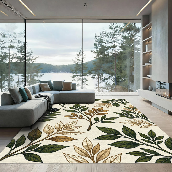 Earthy Brown Leafy Branch Composition Rug