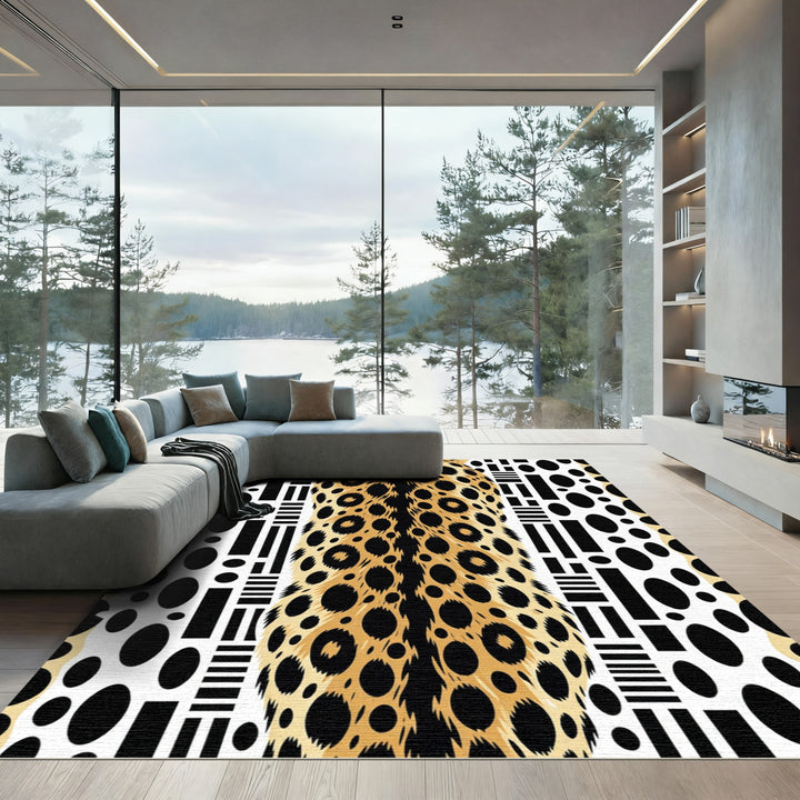 Golden Cheetah Spots Black Geometric Rug