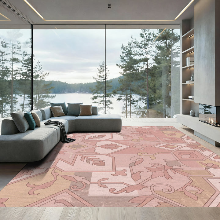 Dusty Rose Floral Geometric Patchwork Rug