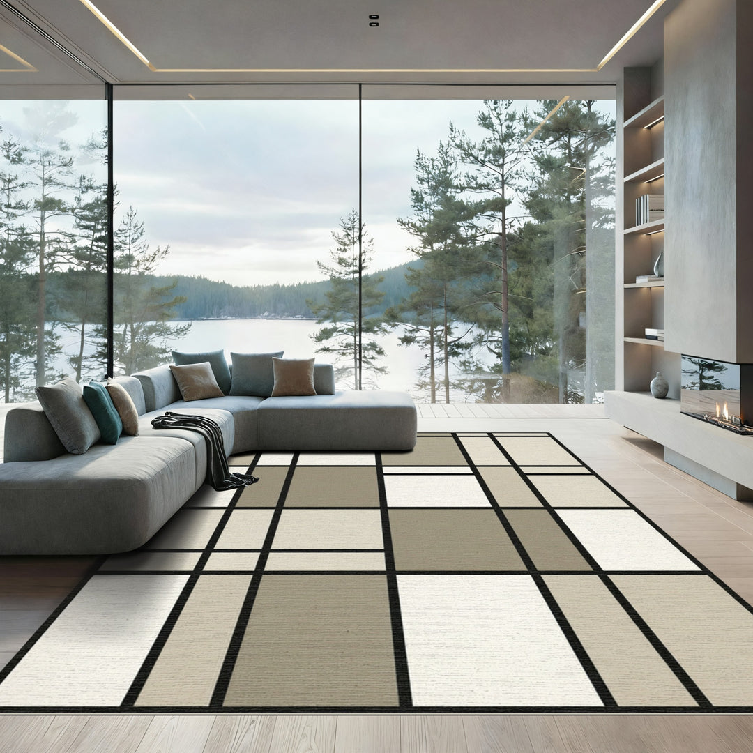 Neutral Tones Geometric Grid Rug