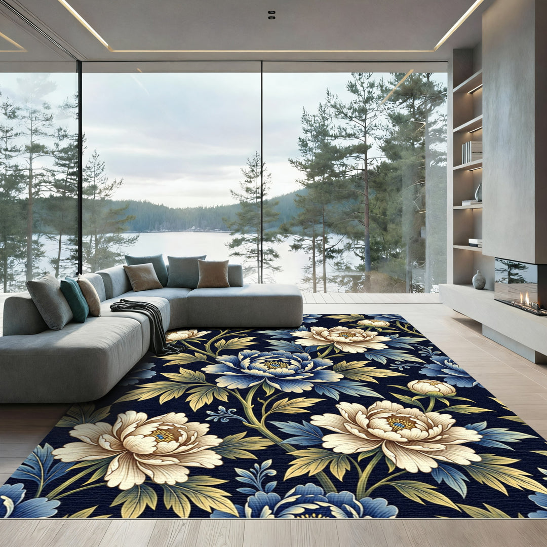 Elegant Cream Blue Peony Botanical Rug