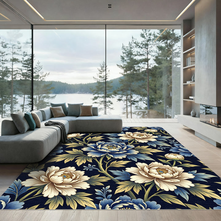 Elegant Cream Blue Peony Botanical Rug
