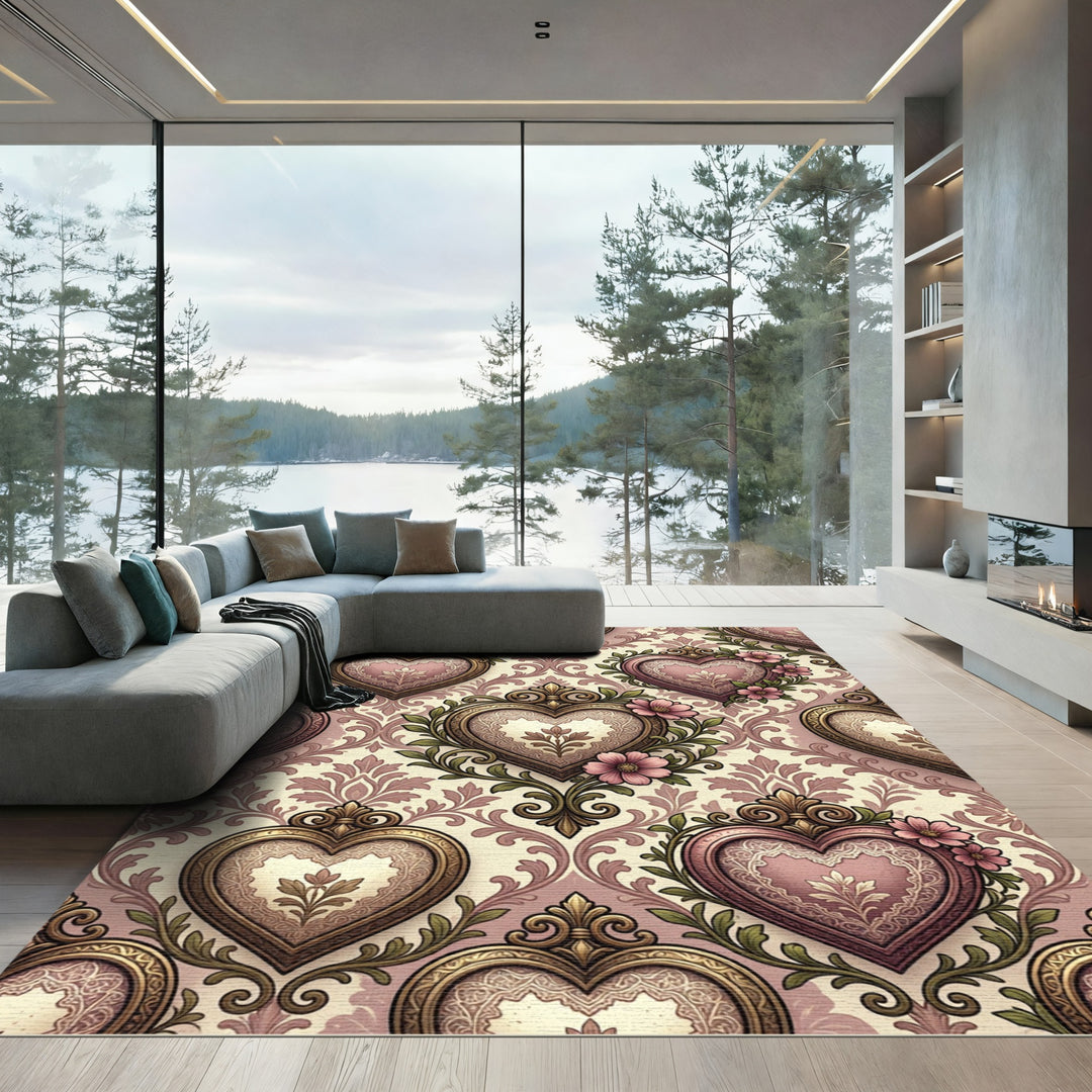 Vintage Pink Heart Floral Damask Rug