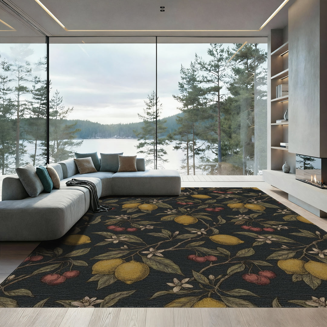 Orchard Lemons Cherries Botanical Dark Rug