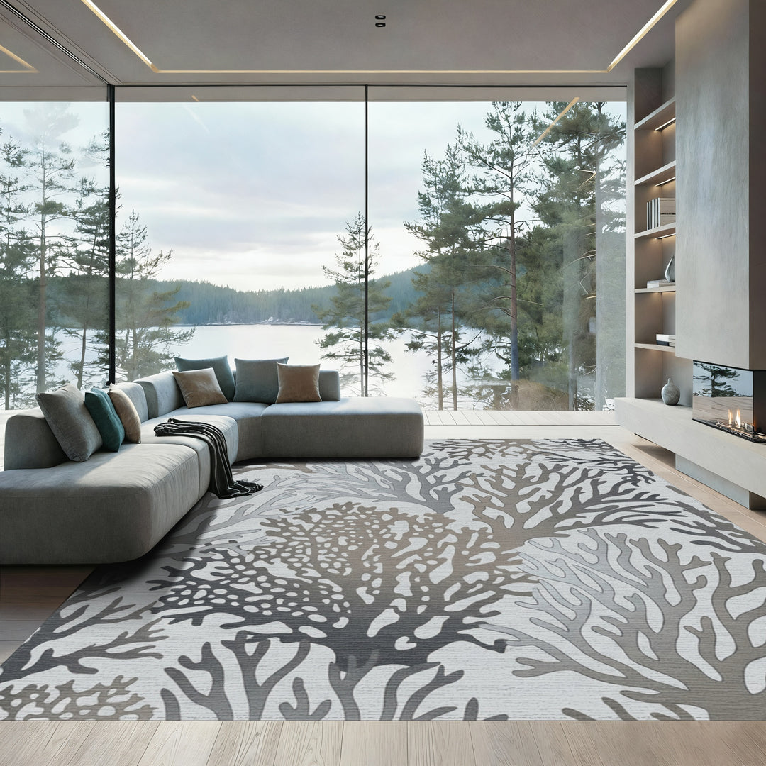 Cool Gray Coral Branch Motif Rug