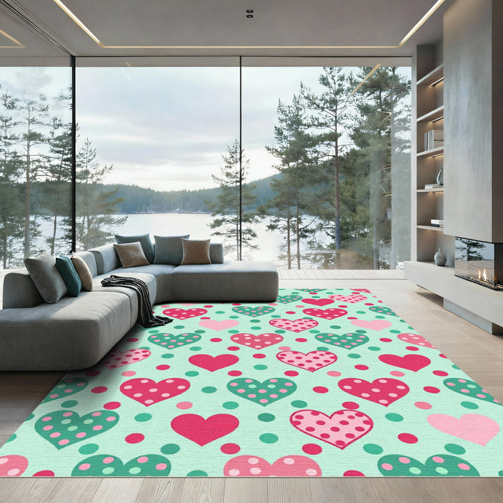 Pink Teal Polka Dot Heart Rug