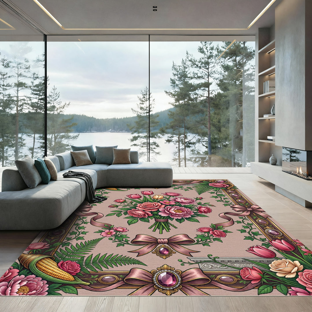 Pink Floral Ribbon Border Bouquet Rug
