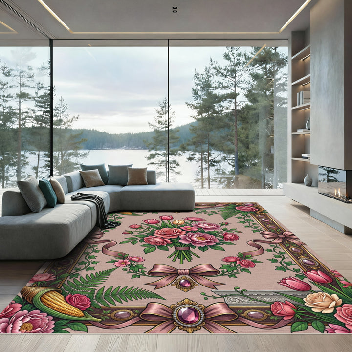Pink Floral Ribbon Border Bouquet Rug