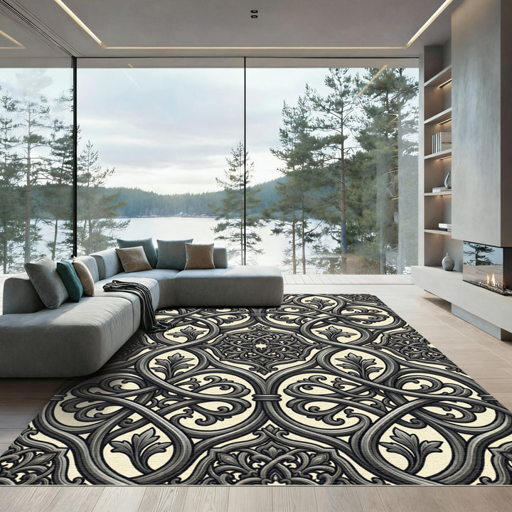 Intricate Black Floral Interlocking Lattice Rug