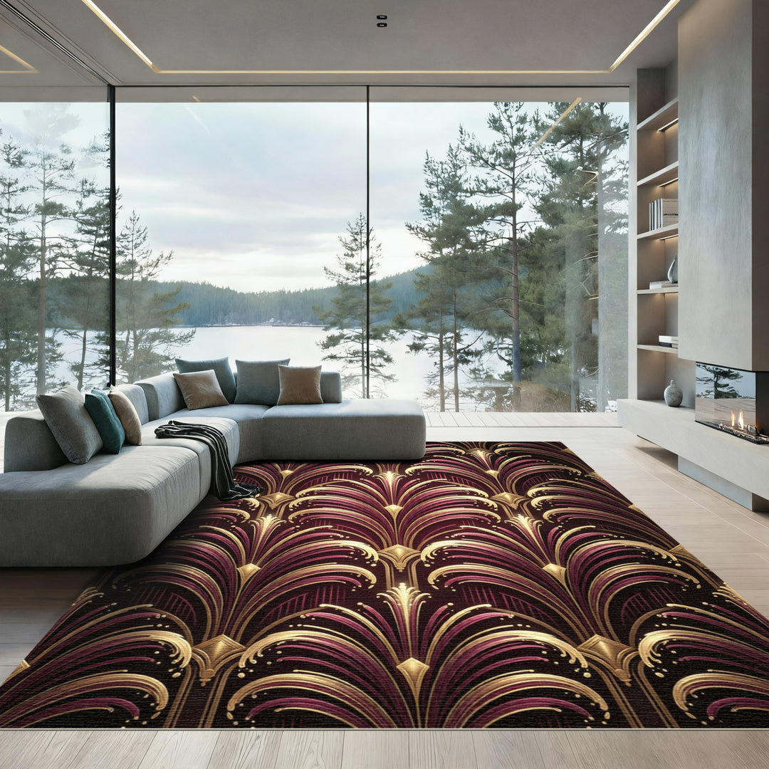 Elegant Art Deco Gold Plum Fan Rug