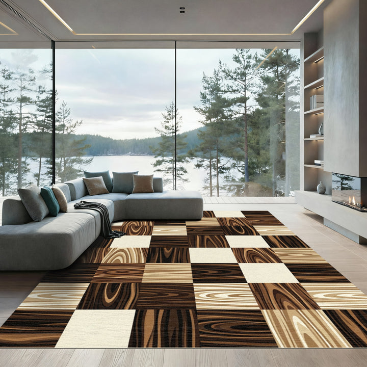 Wood Grain Checkerboard Modern Rug