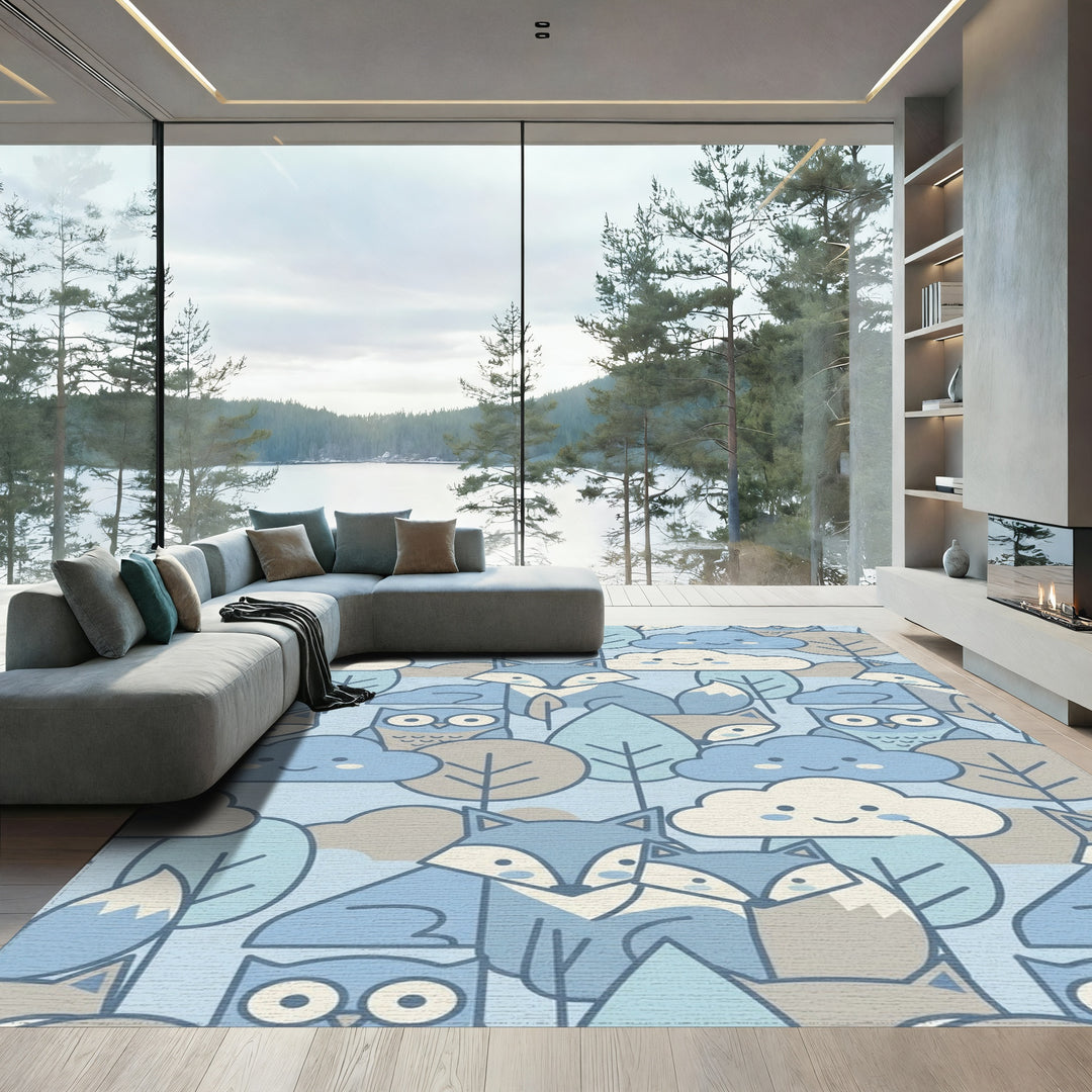 Cute Woodland Animals Blue Sky Clouds Rug