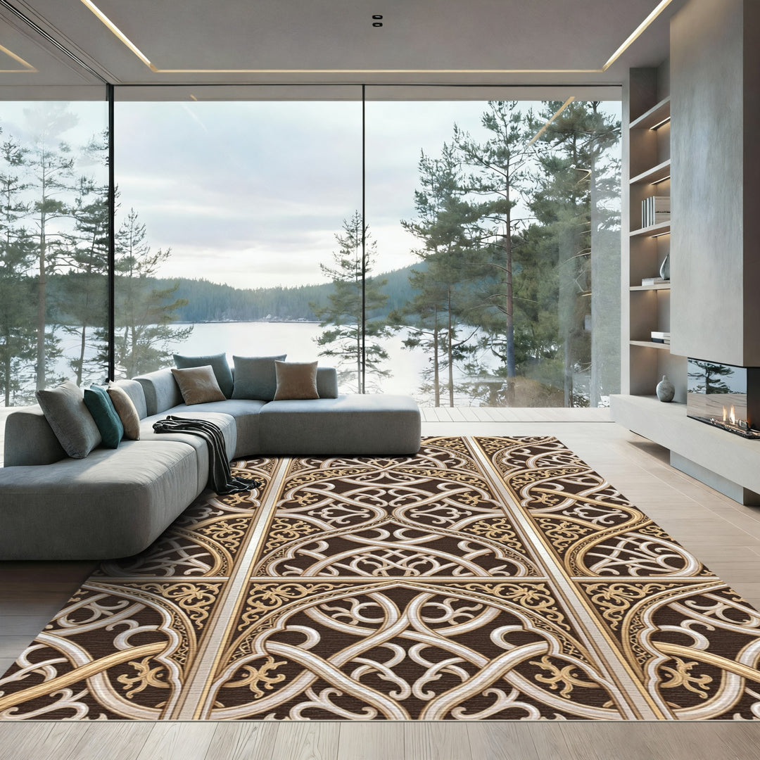 Intricate Gold Arabesque Lattice Rug