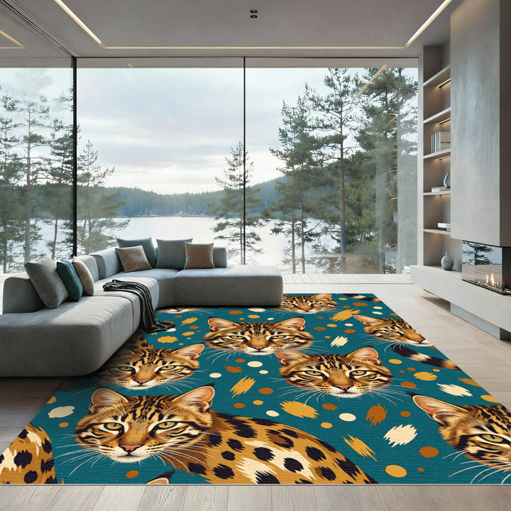 Wild Cat Face Teal Abstract Brushstrokes Rug