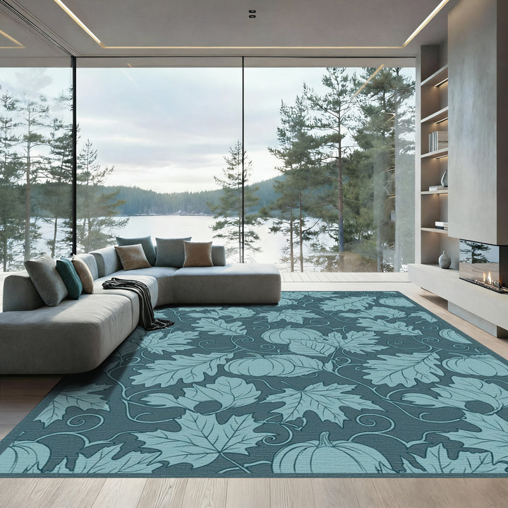 Autumn Pumpkin Leaf Swirl Teal Rug