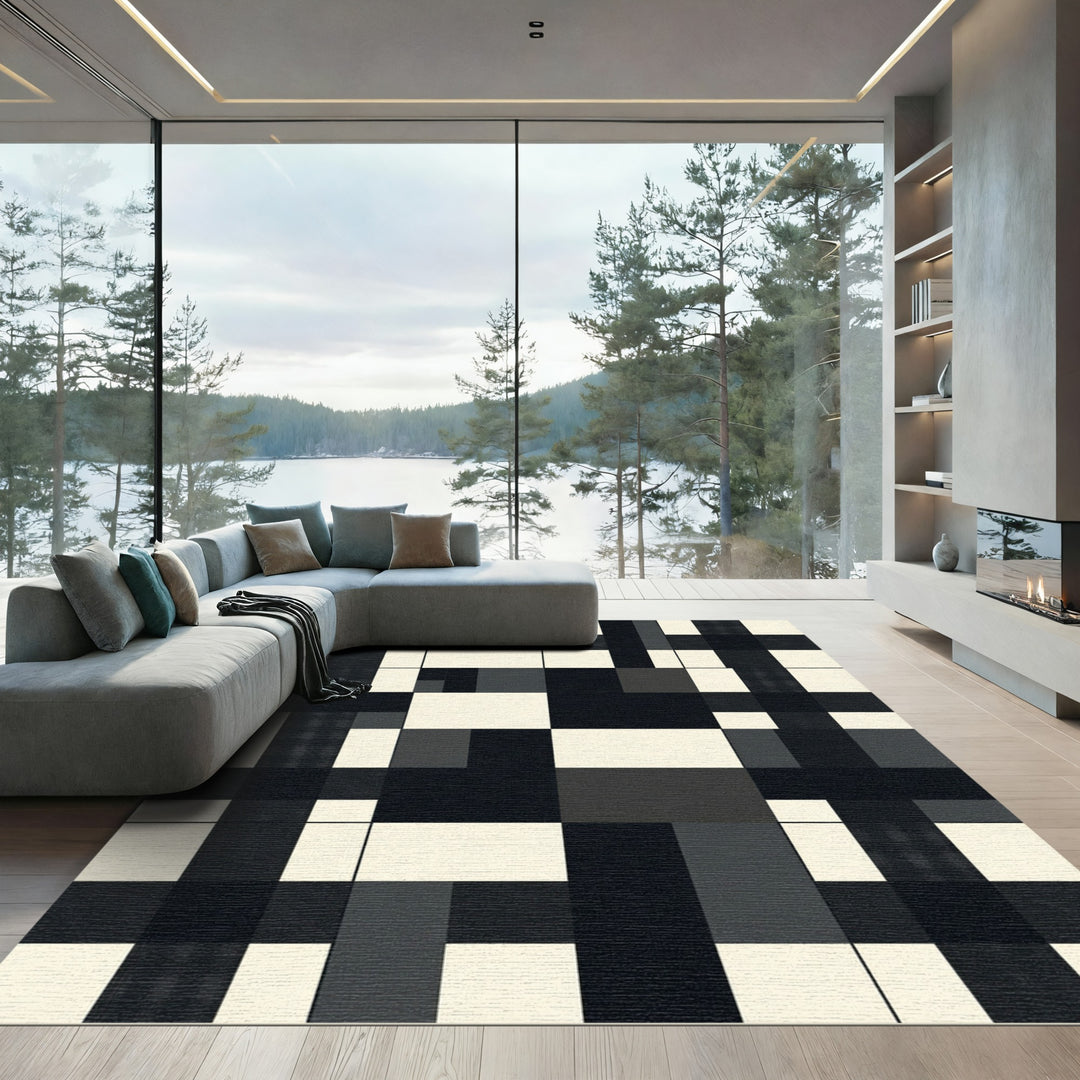 Monochrome Plaid Geometric Patchwork Rug