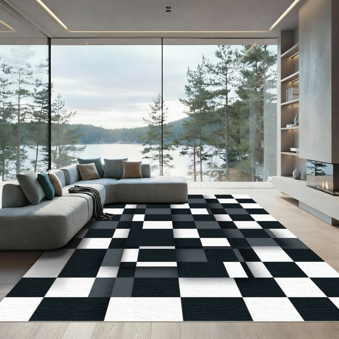 Modern Black and White Checkerboard Rug