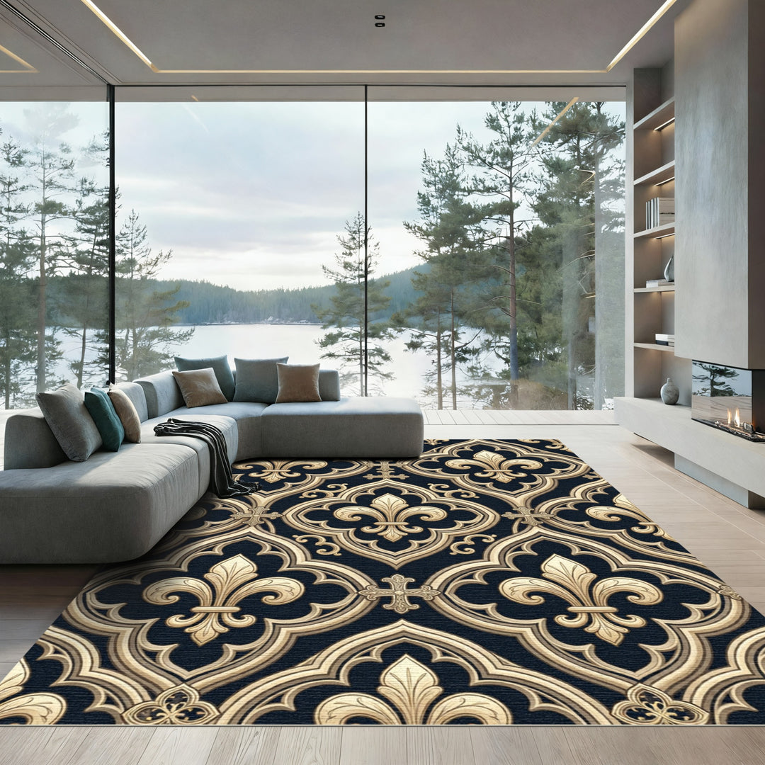 Elegant Gold Fleur-de-lis Cross Rug