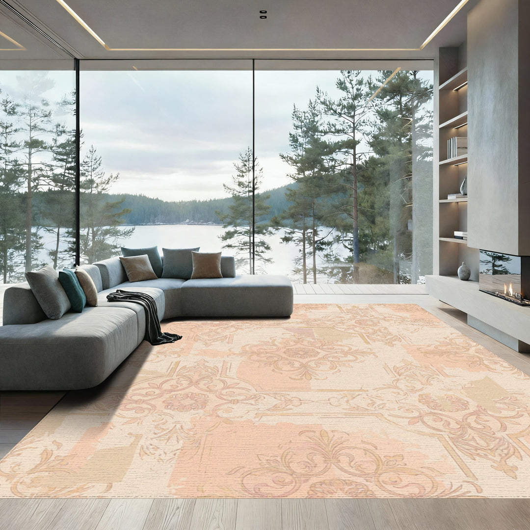 Pastel Peach Damask Scrollwork Rug