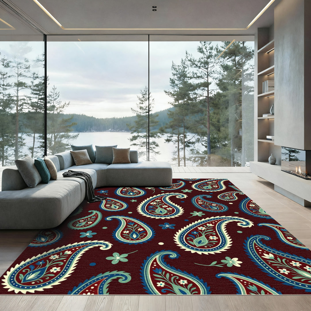 Deep Burgundy Paisley Floral Art Rug