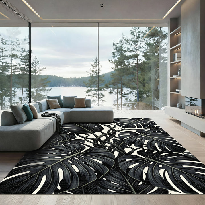 Dark Tropical Monstera Leaves Rug