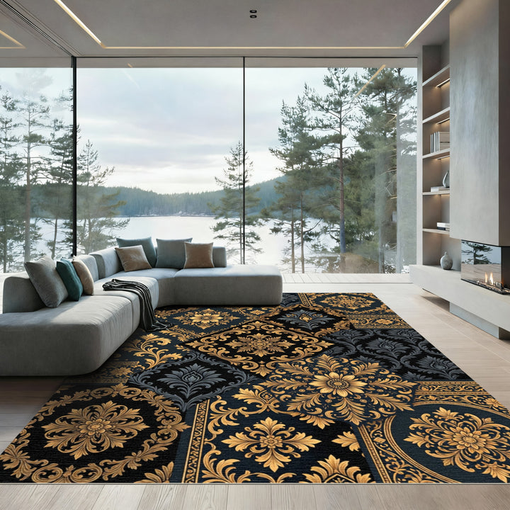 Ornate Gold and Charcoal Damask Collage Rug