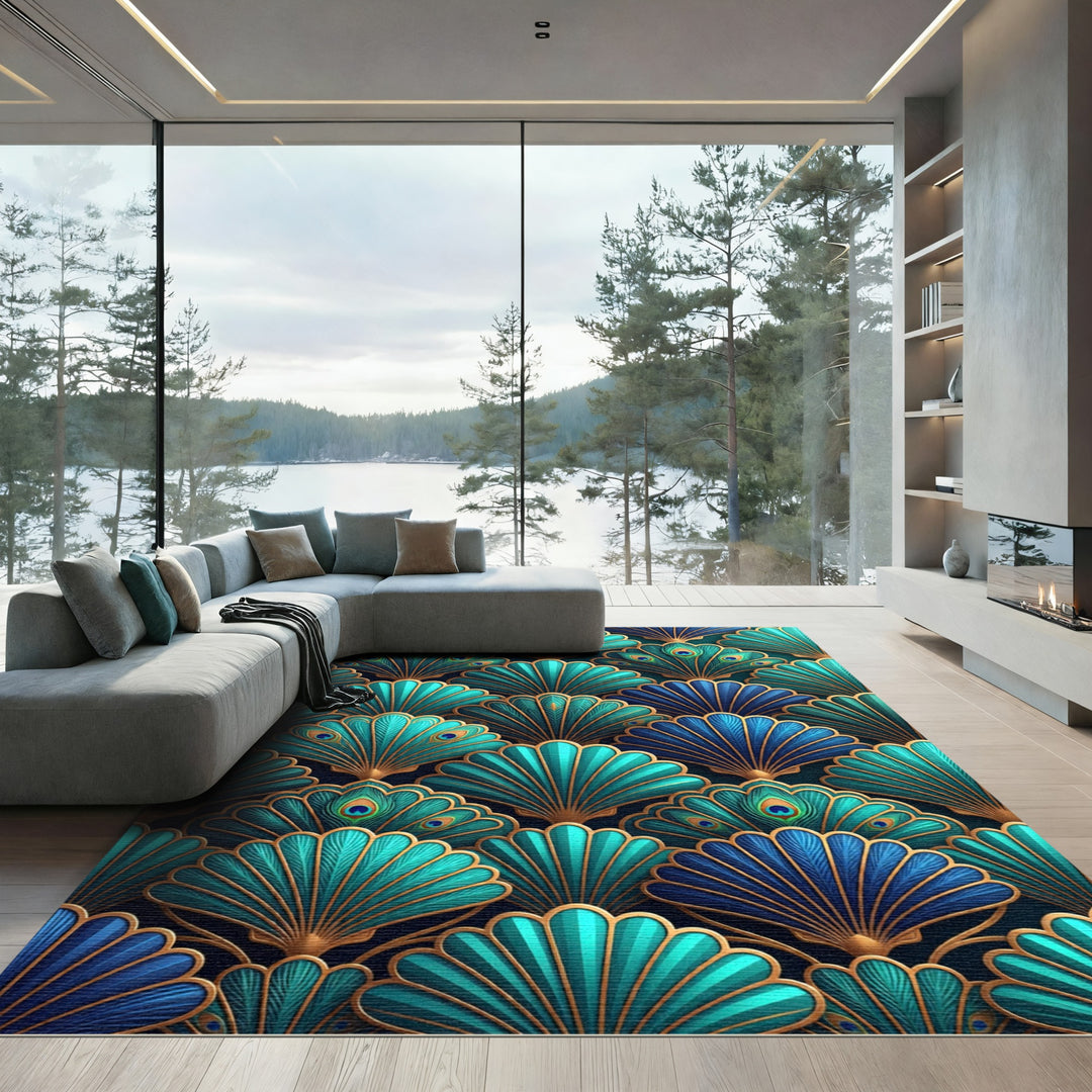 Art Deco Emerald Peacock Fan Rug