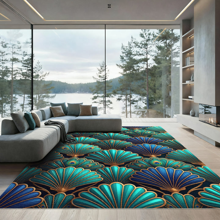 Art Deco Emerald Peacock Fan Rug