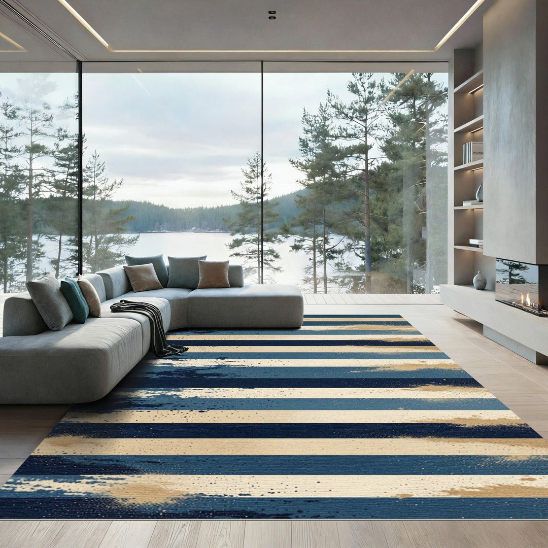 Navy Blue Tan Abstract Stripe Rug