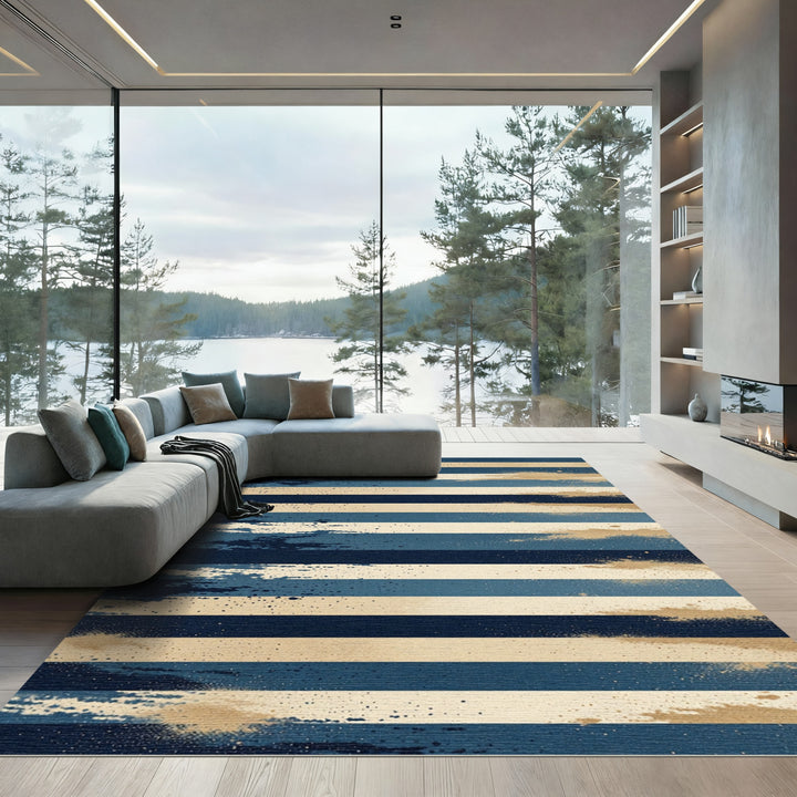 Navy Blue Tan Abstract Stripe Rug